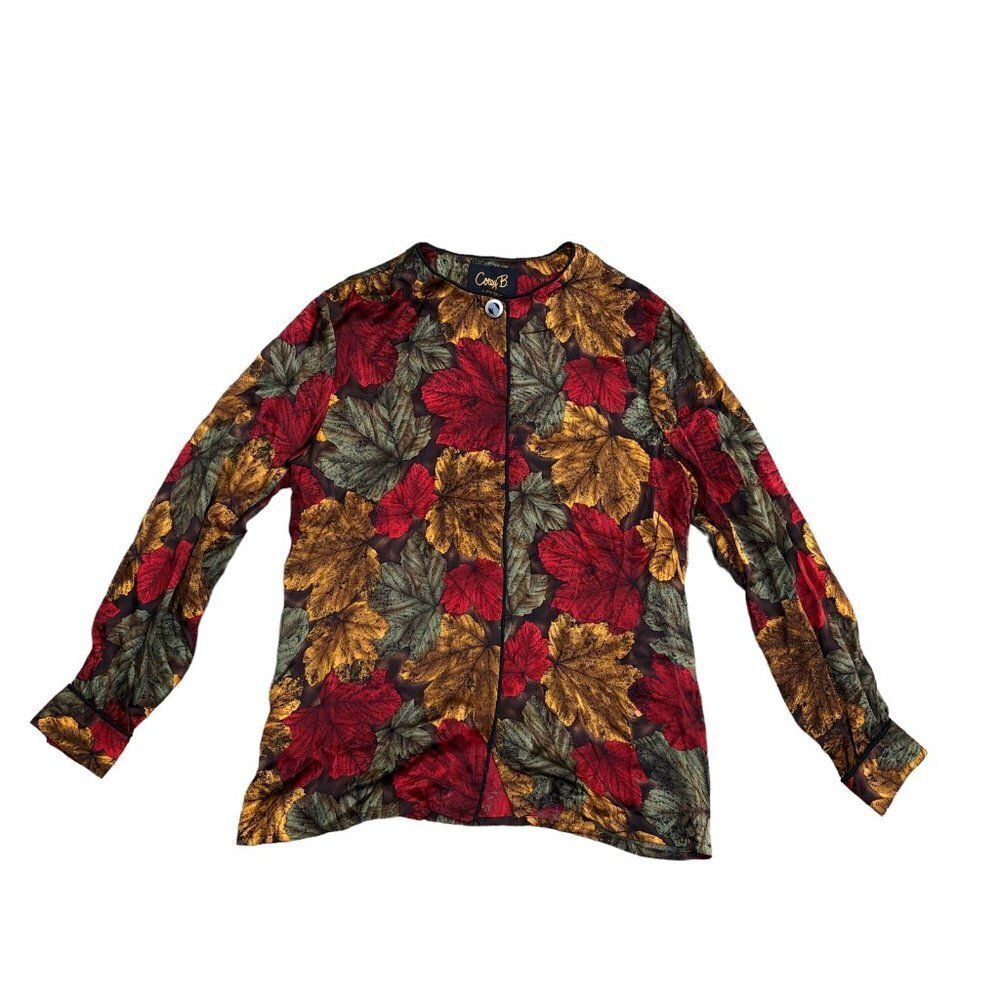 VTG COREY B. New York 100% Silk Button Up Shirt Top Blouse Womens 8 Leaves Fall 
